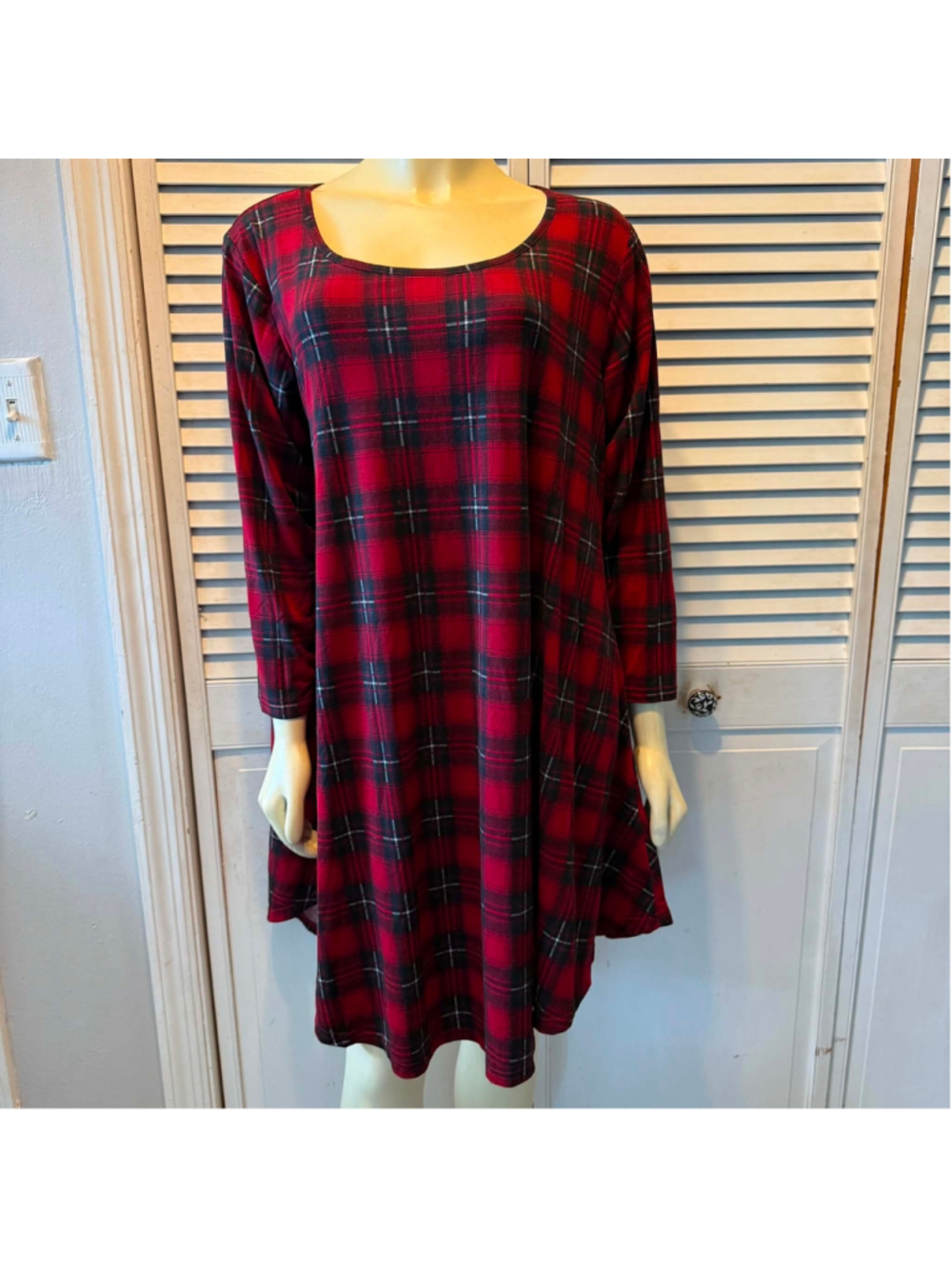 BELAROI Women's Red Plaid Swing Dress Long Sleeve Scoop Neck Casual A-Line Tunic